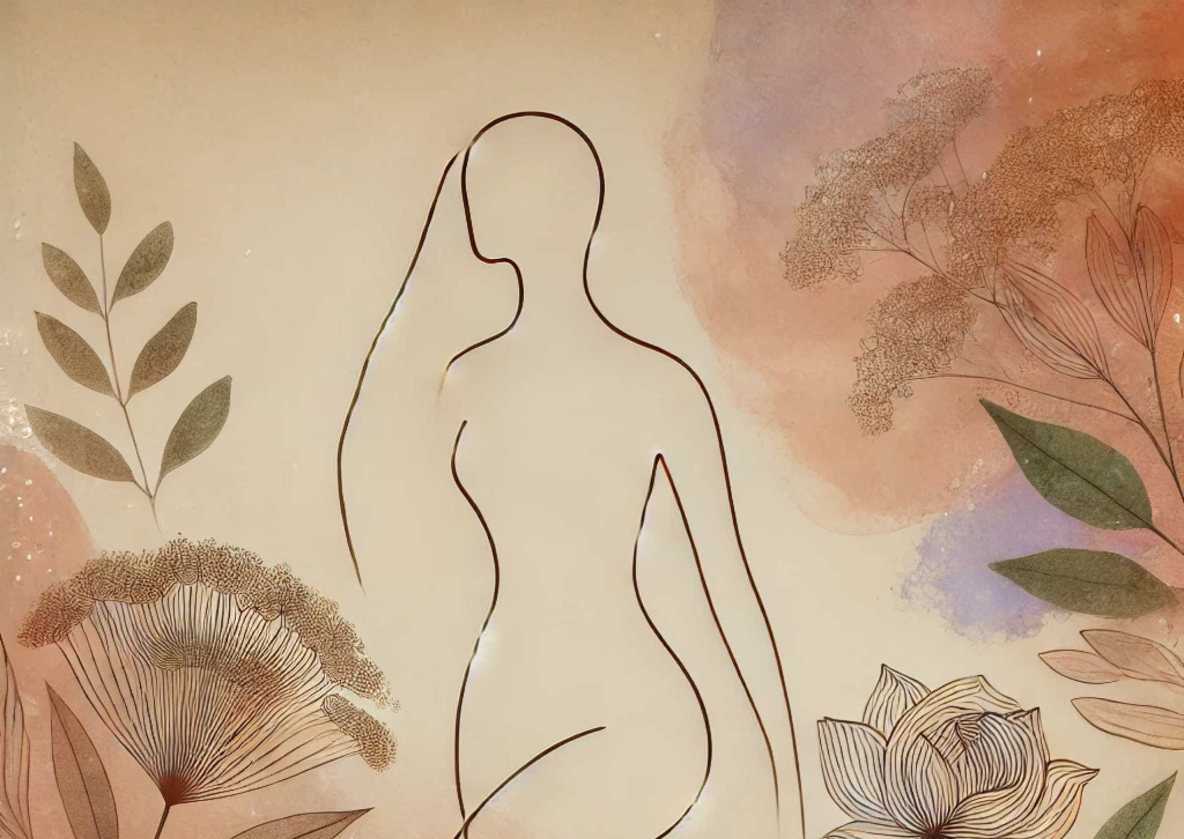 Abstracte illustratie van een vrouw met bloemen – symbool voor balans tussen darmen en vaginale flora